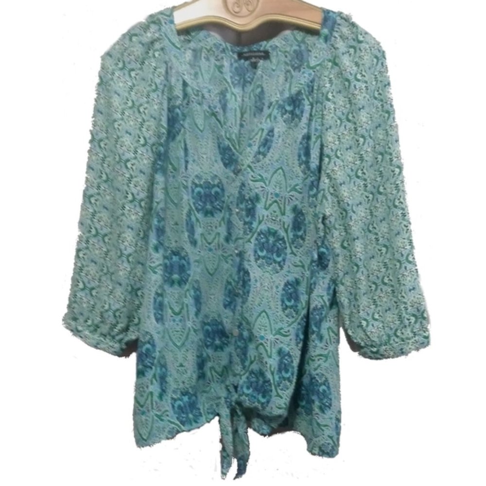 Notations Blue / Green Sheer Blouse 3/4 Sleeve L